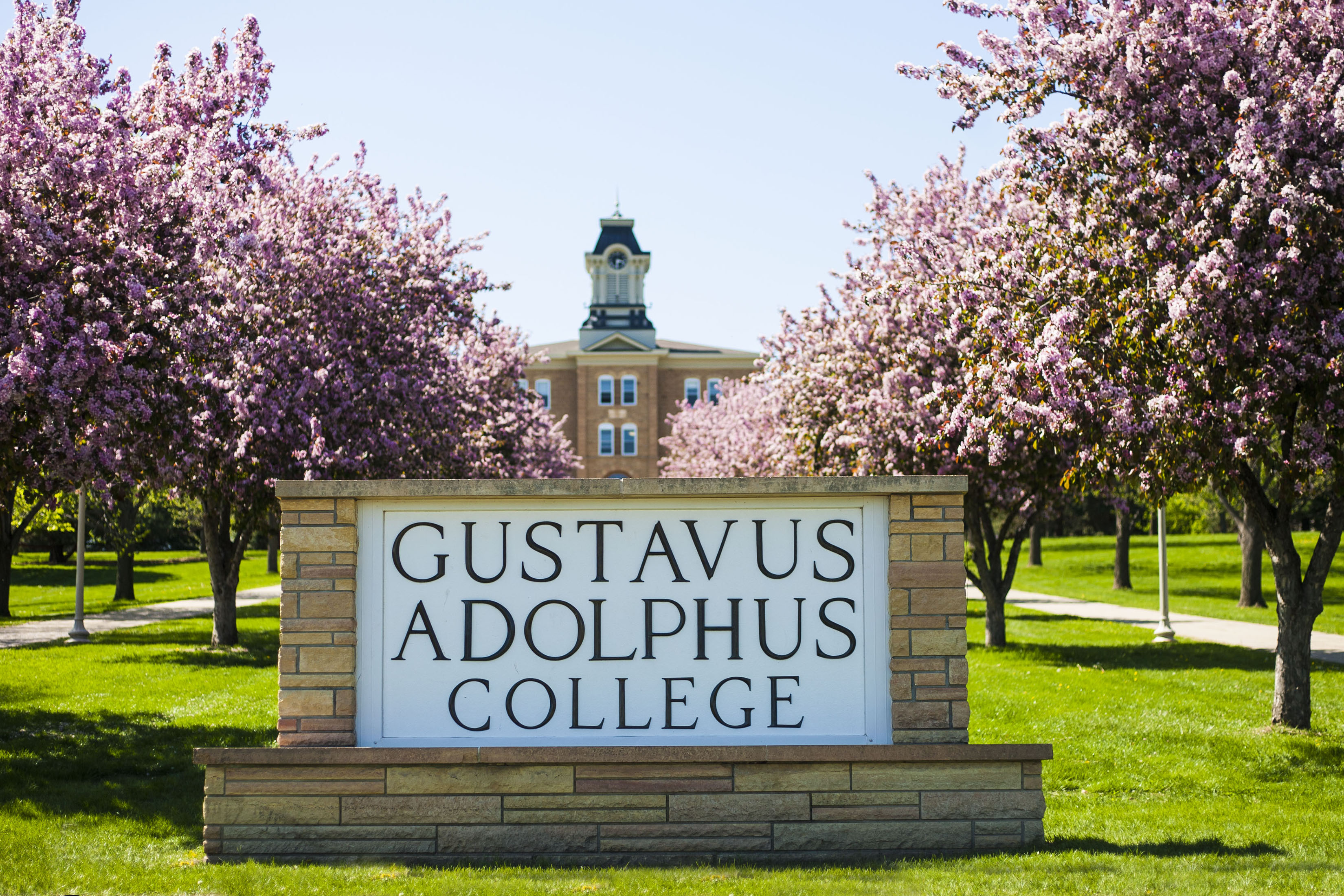 Gustavus sign with trees blooming
