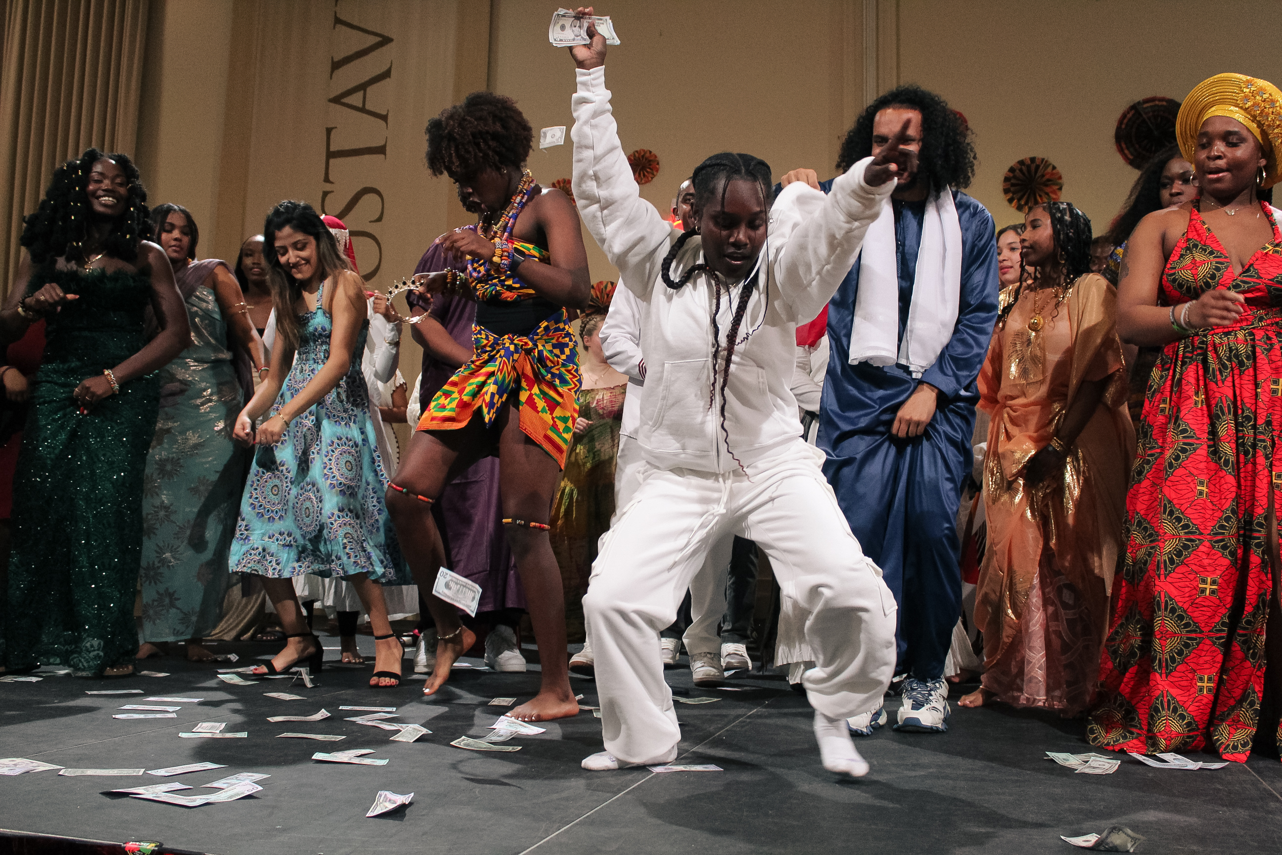 Gustavus students of the African Diaspora dance at a student event. 