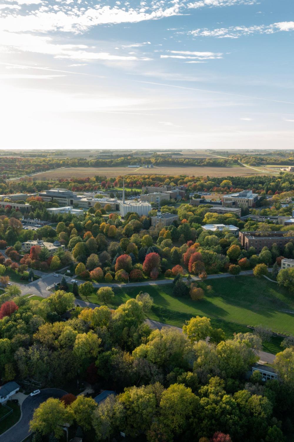 Drone image of campus from Washington Avenue