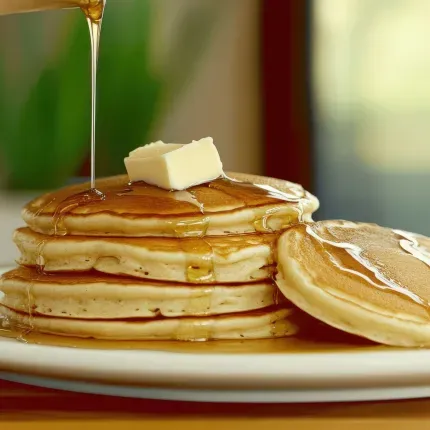 a stack of pancakes with butter and syrup