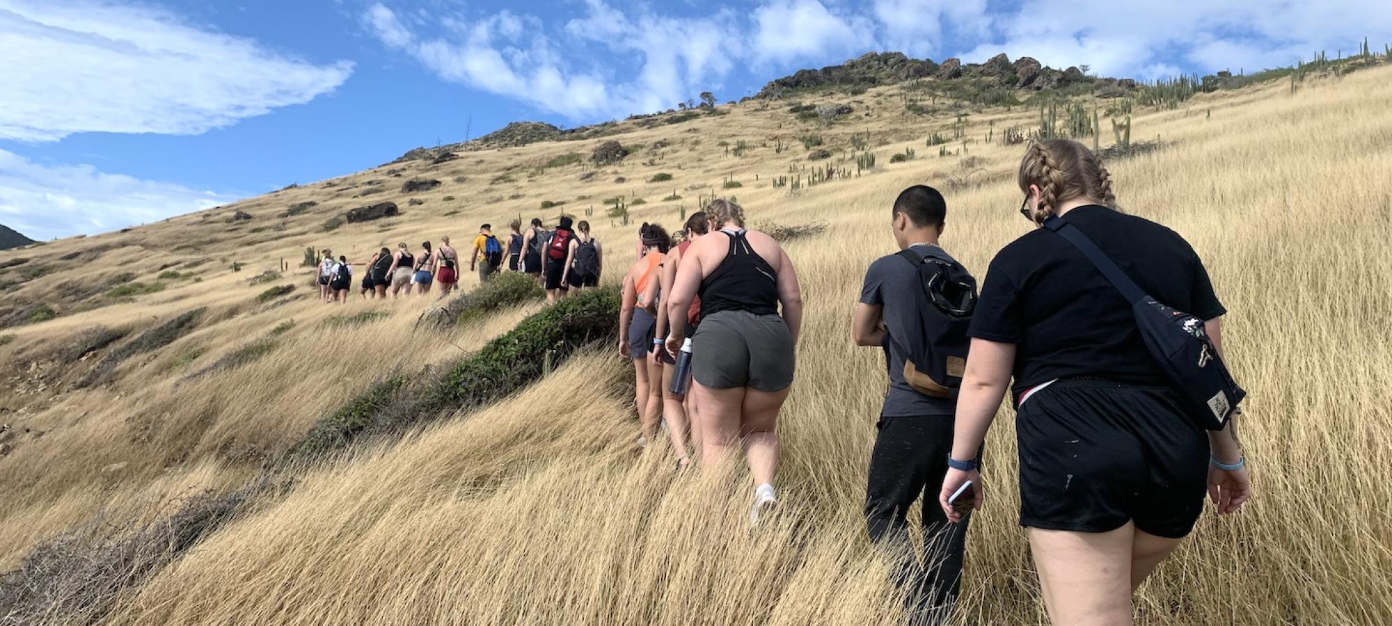 Several college students hike in the outdoors. 