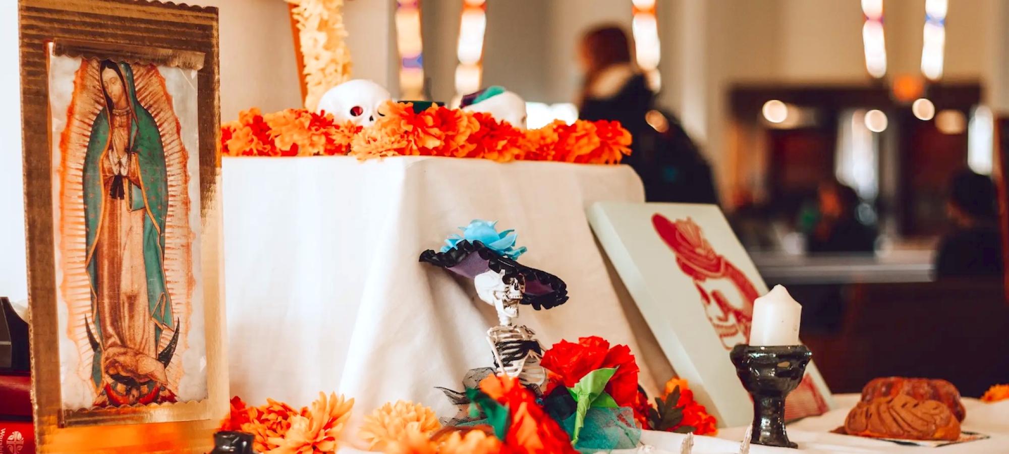 An alter in Christ Chapel shows Day of the Dead iconography. 