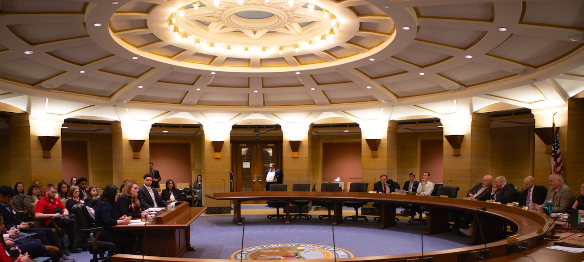 A Gustavus Adolphus College student speaks to lawmakers at the Minnesota State Capitol. 