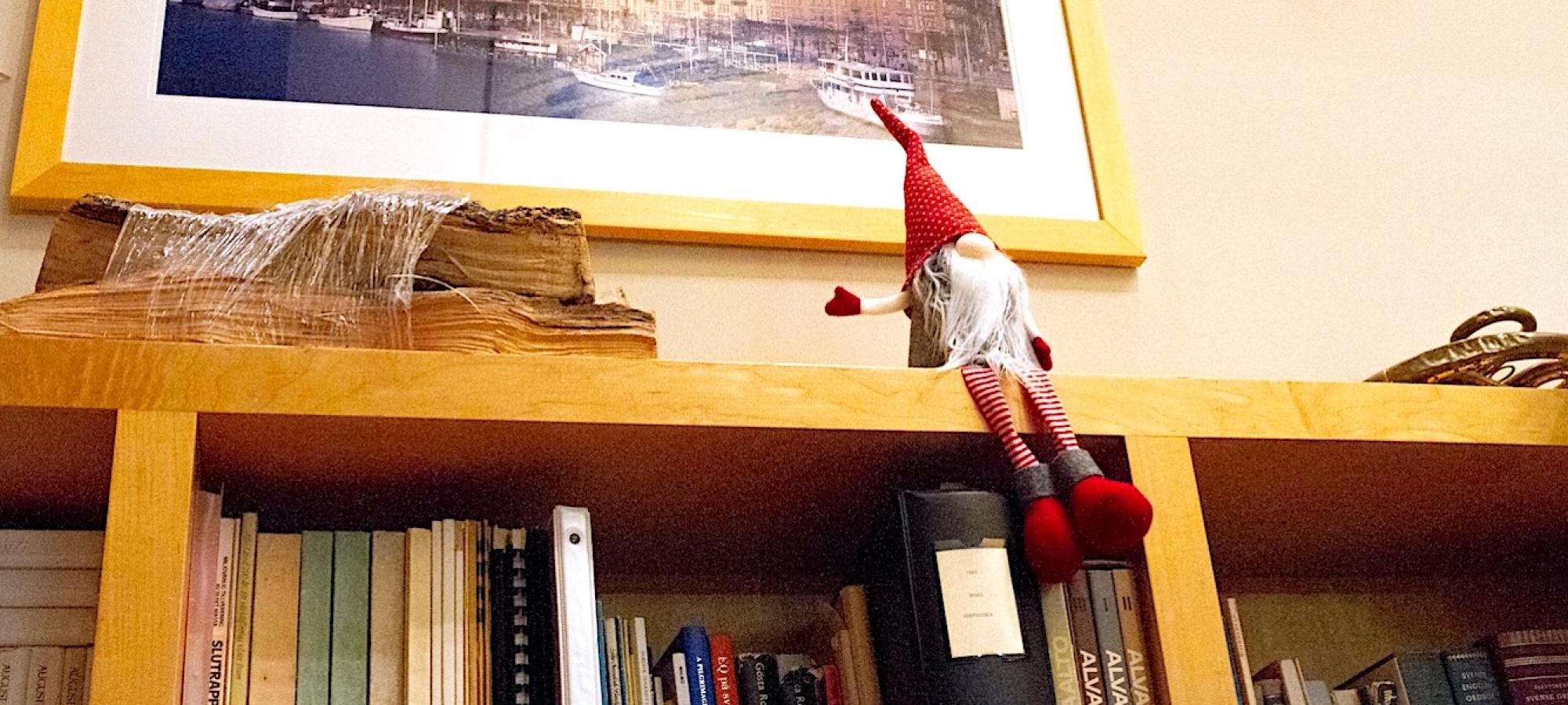 A Scandinavian icon on a bookshelf. 