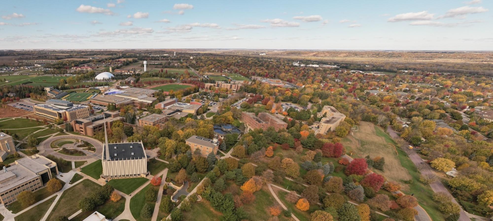 An aerial view of the Gustavus Adolphus College campus in the fall. 