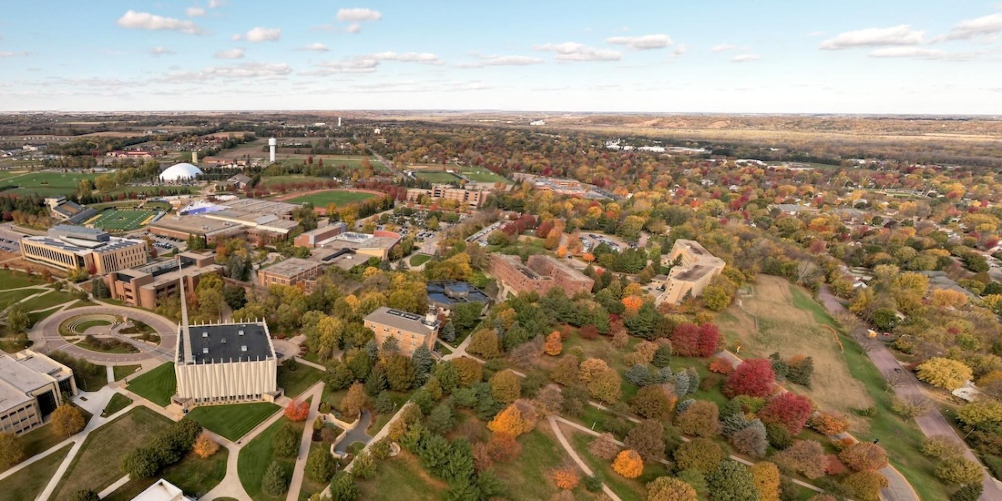 An aerial view of Gustavus Adolphus College. Fall. 