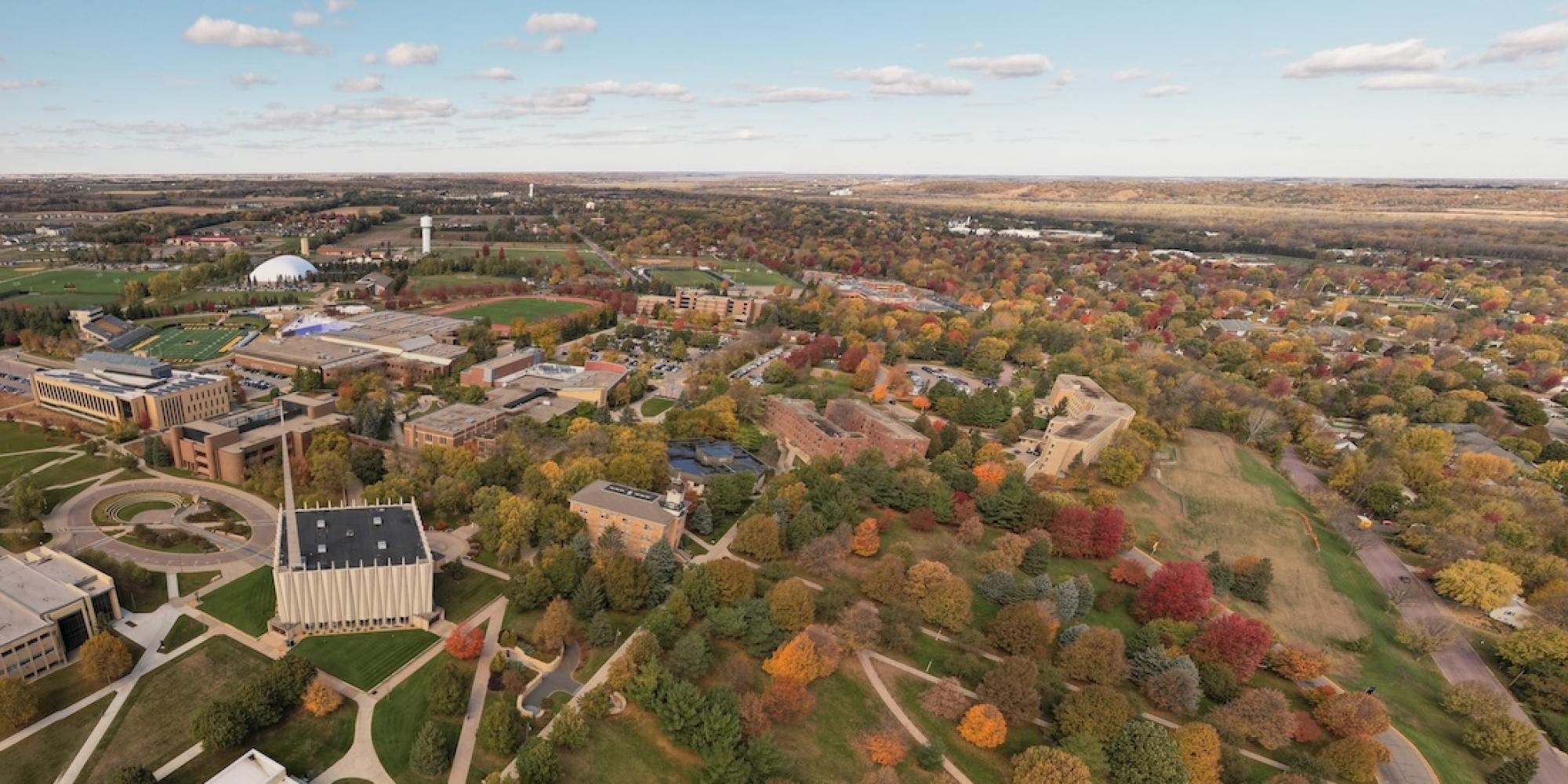 An aerial view of the Gustavus Adolphus College campus in the fall. 